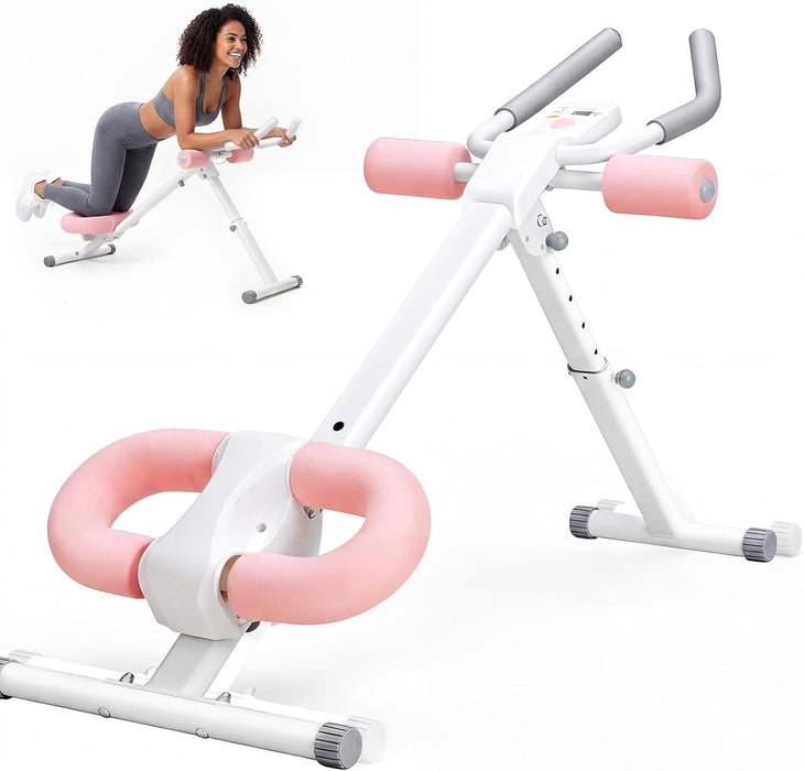 Simenmax Adjustable Ab Machine – 2 Incline & 5 Height Levels, Foldable Core Workout Equipment for Home Gym with LCD Display, Knee & Elbow Protection, Pink
