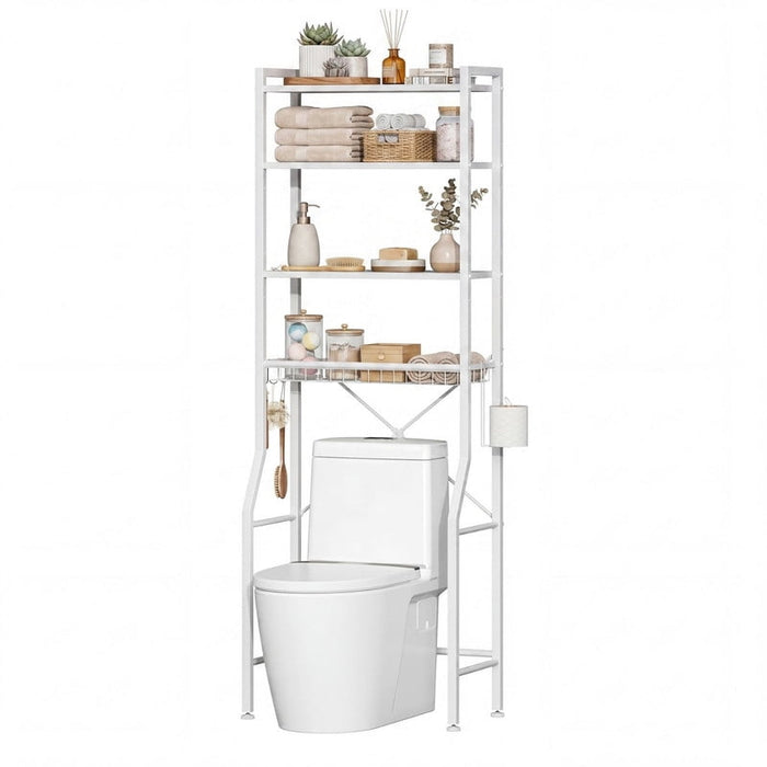 Bigleap 4-Tier Over-The-Toilet Storage Rack – Adjustable Shelves, Space-Saver Bathroom Organizer with Paper Holder & Hooks, White