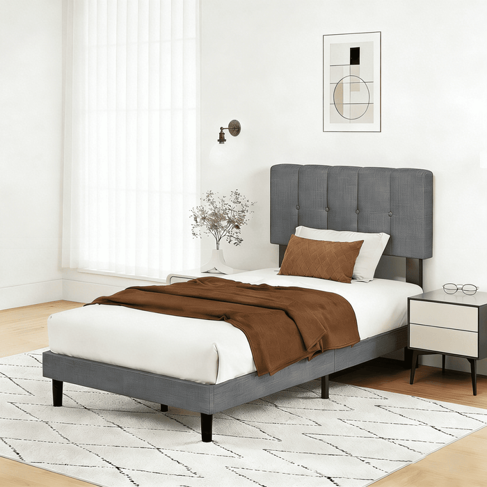Taoset Twin Size Upholstered Platform Bed Frame with Adjustable Headboard - No Box Spring Needed, Grey