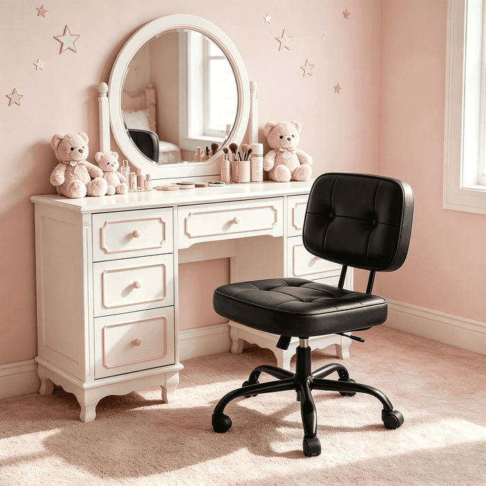 Taoset Armless Vanity Chair for Makeup Room, Small Desk Chair with Tufted PU Leather, Adjustable Height Rolling Computer Chair for Home Office & Dorm, Black