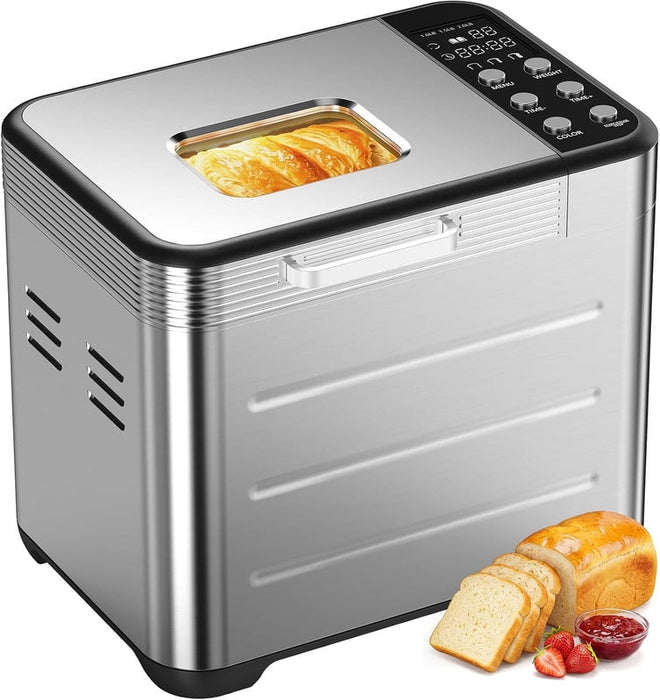 Simenmax 21-in-1 Automatic Bread Machine, 2LB Stainless Steel Bread Maker with 360¡ã Even Baking, 650W Smart Touch Panel,Silver