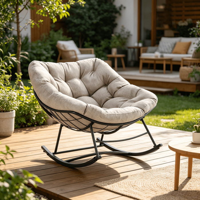 Blorly Oversized Rocking Papasan Chair with Thick Cushion, Rust-Resistant Metal Patio Rocker for Indoor & Outdoor, Heavy Duty 450lbs Capacity Lounge Chair, Beige