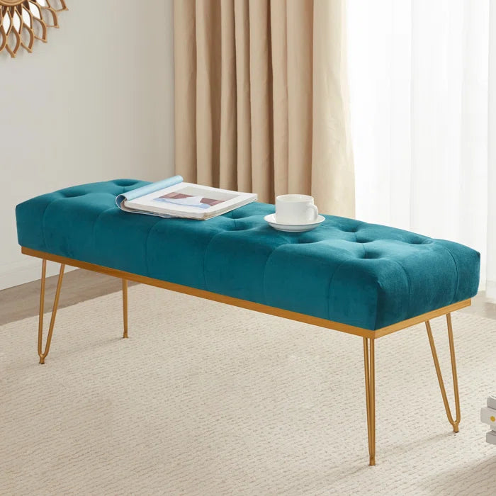 45" Bench for Bedroom, Velvet Upholstered Bench Modern Ottoman End of Bed with Metal Legs(Blue)