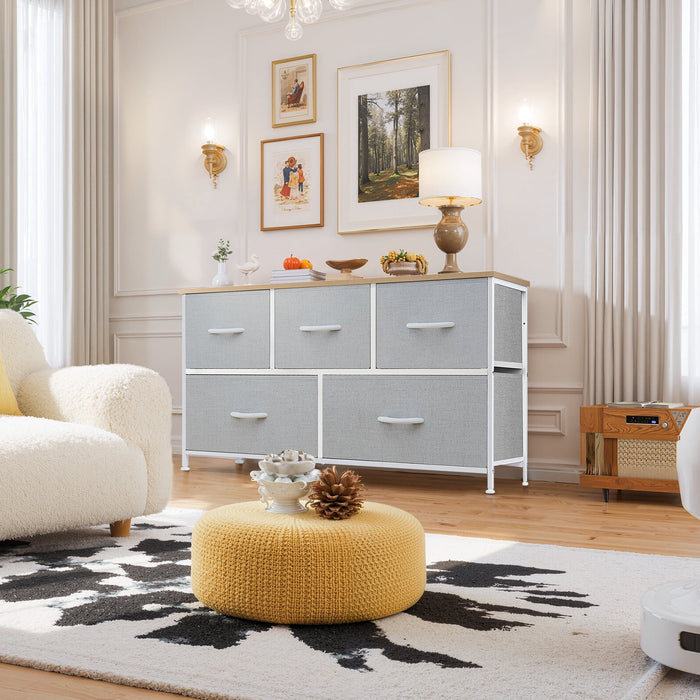Betcozy 5-Drawer Storage Dresser, Classic Bedroom Dresser for Clothes & Nursery Organization, Stable Metal Frame, Wooden Top, Gray