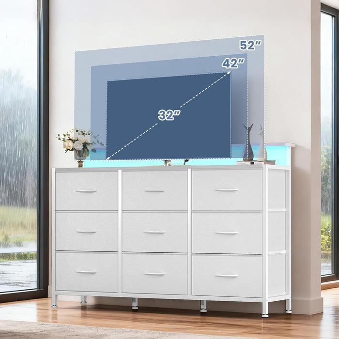 Blorly 9 Drawer TV Stand with LED Lights, Tall Dresser for Bedroom & Living Room, Entertainment Center for 45 inch TV, Organization Hub, White