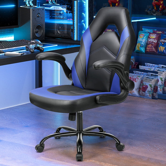 Simenmax Gaming Chair, Ergonomic Office Leather Racing Chair with Flip-up Armrest, Black Blue