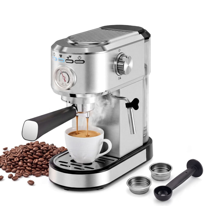 Taoset Compact Espresso Machine and Cappuccino Maker, 20-Bar Professional Pump Coffee Machine with Pressure Gauge, Silver
