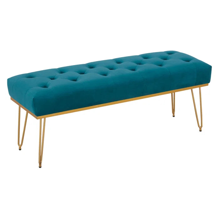 45" Bench for Bedroom, Velvet Upholstered Bench Modern Ottoman End of Bed with Metal Legs(Blue)