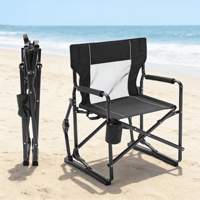 Bigleap Rocker Camping Chair, Portable Folding Rocking Chair with Solid, Durable Armrests, Drink Holder & Comfortable Mesh Backrest — Black