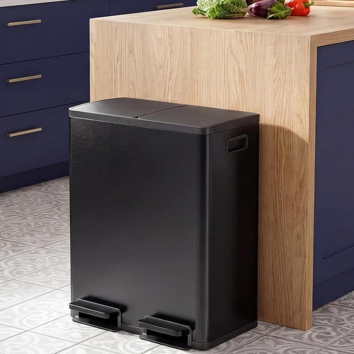 Bigleap Dual Compartment Trash Can, 60L/16Gal Stainless Steel Kitchen Garbage Bin with Soft-Close Foot Pedal, Smudge-Proof Rectangular Recycling Can for Home Office,Matte Black
