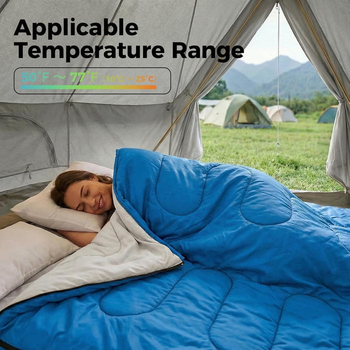 Bigleap Double Sleeping Bag for Adults with Pillows, 2-in-1 Portable 3-Season Camping Bag with Compression Sack for Backpacking, Hiking, Outdoor Adventure, Blue