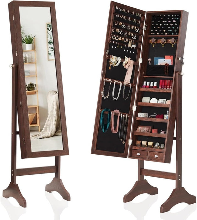 Simenmax Freestanding Jewelry Armoire with Full-Length Mirror, Lockable Storage Cabinet, 60-inch Tall Makeup Organizer with Velvet Lining,Brown