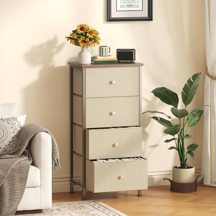 Nextay Narrow Fabric Dresser with Steel Frame, 4-Drawer Vertical Storage Tower Nightstand for Bedroom, Dorm, Entryway â€?Space-Saving Organizer for Small Spaces, Khaki