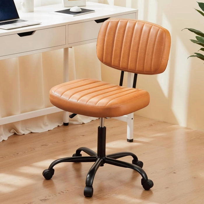 Simenmax Armless Office Chair – Ergonomic PU Leather Drafting Chair, Height Adjustable Swivel Rolling Task Chair for Vanity, Bedroom, Study, Living Room, Brown
