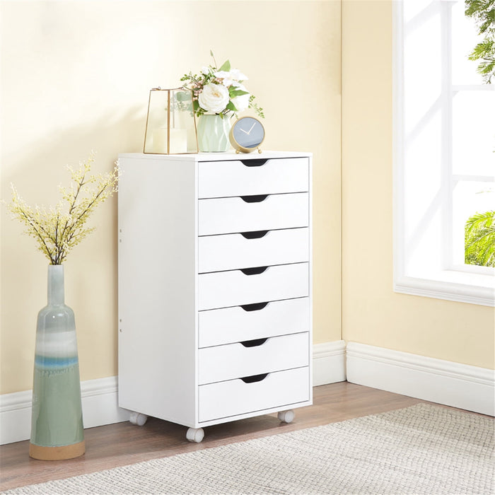 Taoset 7 Drawer Storage Organizer, 34.25'' Height File Cabinets Dressers With Wheels, Wood Cabinet For Home Office, Bedroom, Study, White