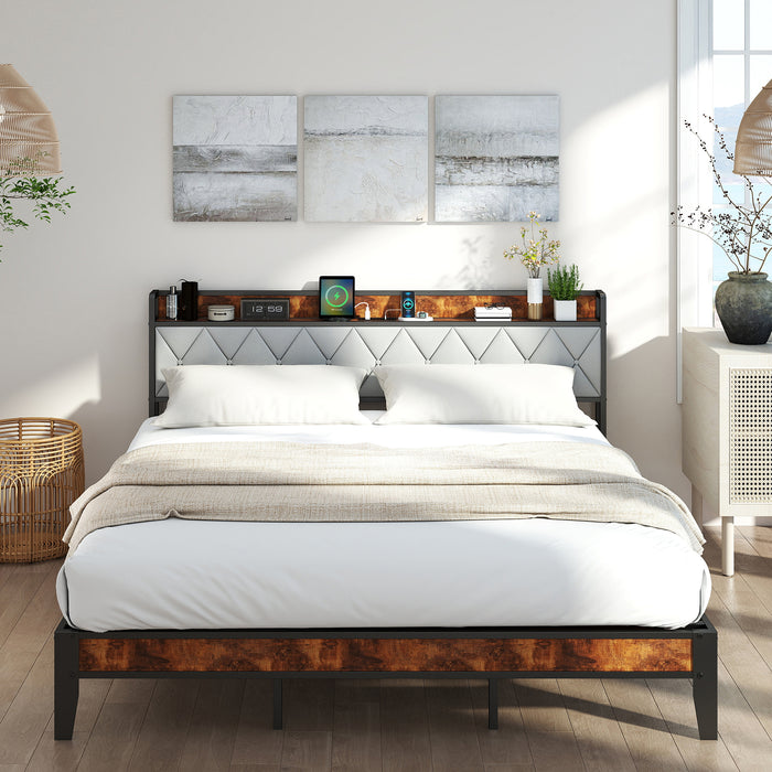 Simenmax Queen Size Bed Frame with Storage Headboard & Charging Station,Platform Metal Bed Frame No Box Spring Required,Grey