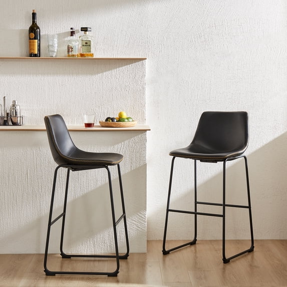 Set of 2 Counter Height Bar Stools, 26 inch Height Modern PU Leather Bar Chairs with Backrest and Metal Legs for Kitchen Island