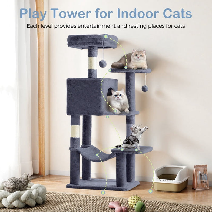 Bigleap 44” Gray Cat Tree Tower for Indoor Cats, Multi-Level Climbing Activity Center with Hammock, Scratching Posts & Cozy Condo