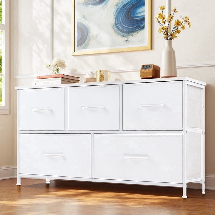 Ethovia 5-Drawer Fabric Storage Dresser, Sturdy Steel Frame with Wooden Tabletop, Wide Foldable Bins, Perfect for Bedroom, Hallway, and Entryway, White