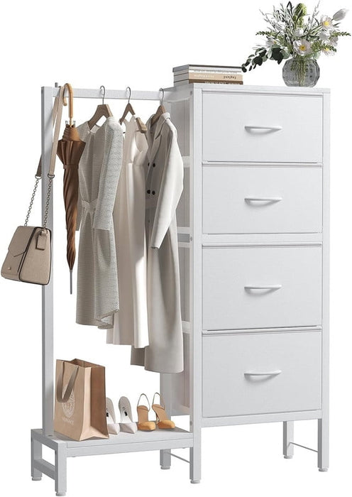Simenmax 4-in-1 Storage Tower with Clothes Rack, Tall Garment Rack with Shoe Shelf and Bag Hook, Heavy Duty Organizer for Bedroom Entryway Living Room, White