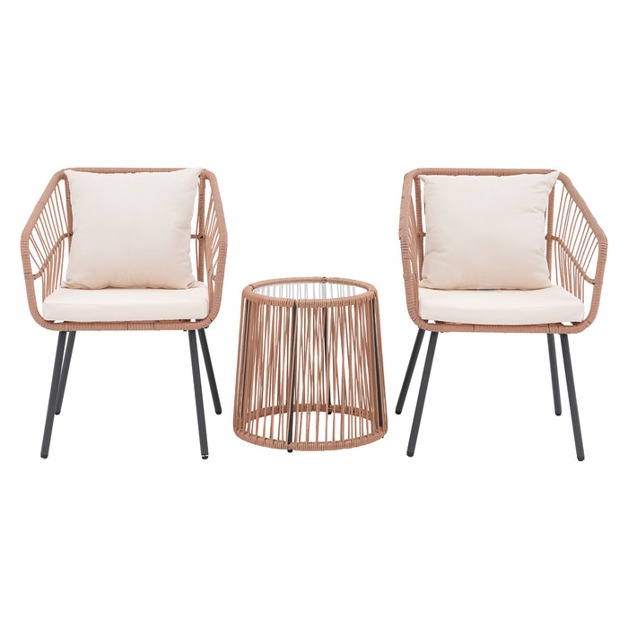 3 Piece Outdoor Wicker Furniture Patio Bistro Set, Rattan Conversation Set with 2 Wicker Patio Chairs, Coffee Table and Cushion, Patio Furniture for Porch, Backyard, Balcony