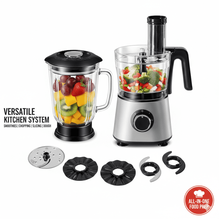 Blorly Food Processor Blender Combo, 10-in-1 Multi-Purpose Electric Food Processor for Slicing, Dough Kneading, Chopping & Puree, 1.5L Glass Blender Jar & 1.5L Processing Bowl, 300W, 2 Speeds + Pulse, Black