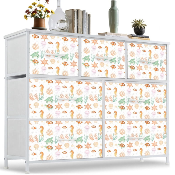 Taoset Fabric Dresser with 7 Drawers, Ocean Coral Coastal Print Storage Cabinet