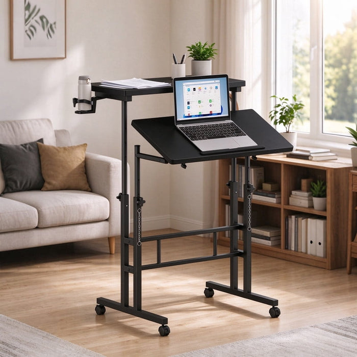 Taoset Adjustable Standing Desk on Wheels, Mobile Laptop Desk with Split Top and Tilt Function, Rolling Sit Stand Workstation for Home Office, Black