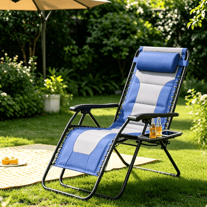 Blorly Zero Gravity Chair, Heavy Duty Integrated Padded, Professional Built-in Cushioned Reclining Lounge Chair, Extra Wide Folding Patio Chair with Side Tray for Outdoor & Indoor, Blue