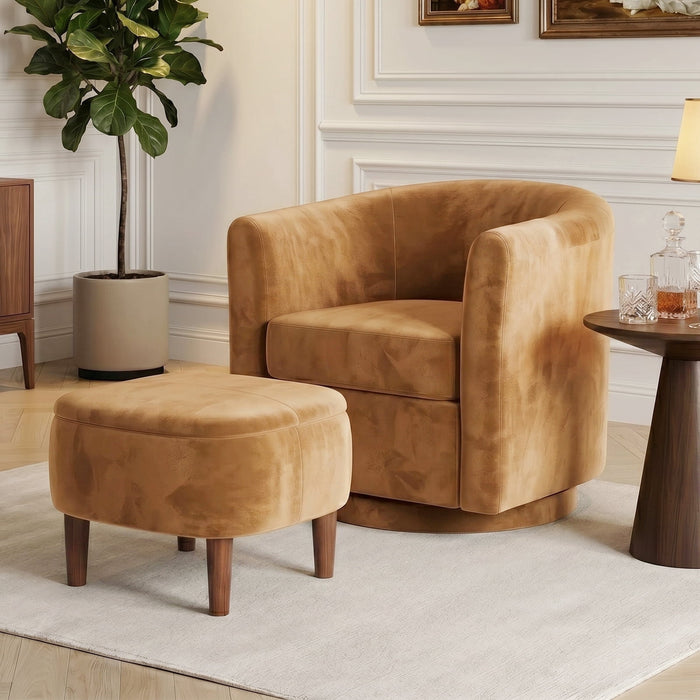 Modern Swivel Chair with Storage Ottoman, Plush Cylindrical Armchair Set, Minimalist Style, Perfect for Living Room, Reading Room and Bedroom, Yellow