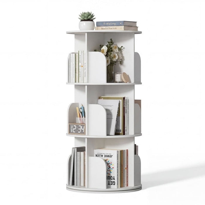Simenmax 3-Tier Rotating Bookshelf Tower – 360° Spinning Bookcase for Small Spaces, Freestanding Vertical Corner Shelf for Bedroom, Living Room, Study, White