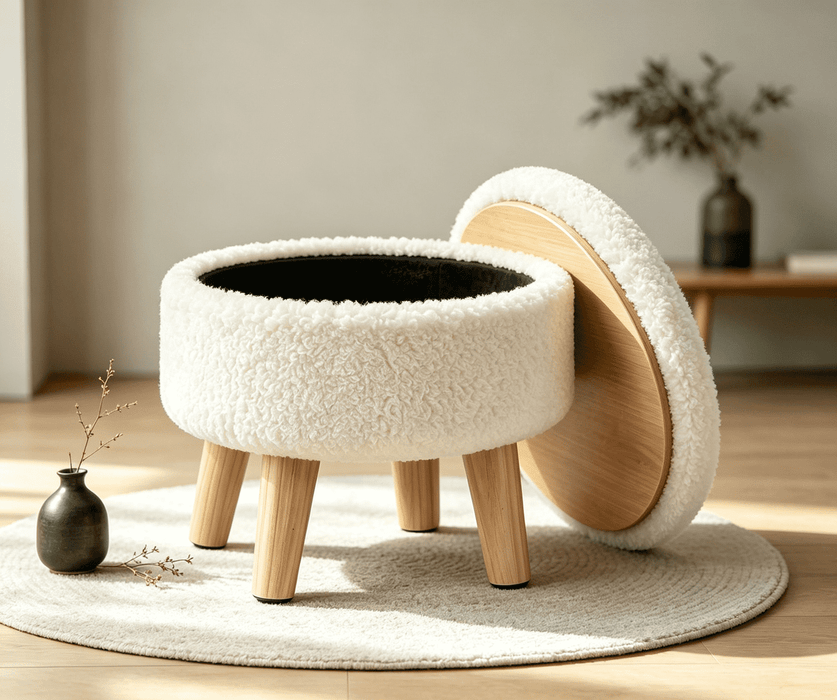 Taoset Small Round Ottoman, Reversible Upholstered Footstool with Storage, Beige