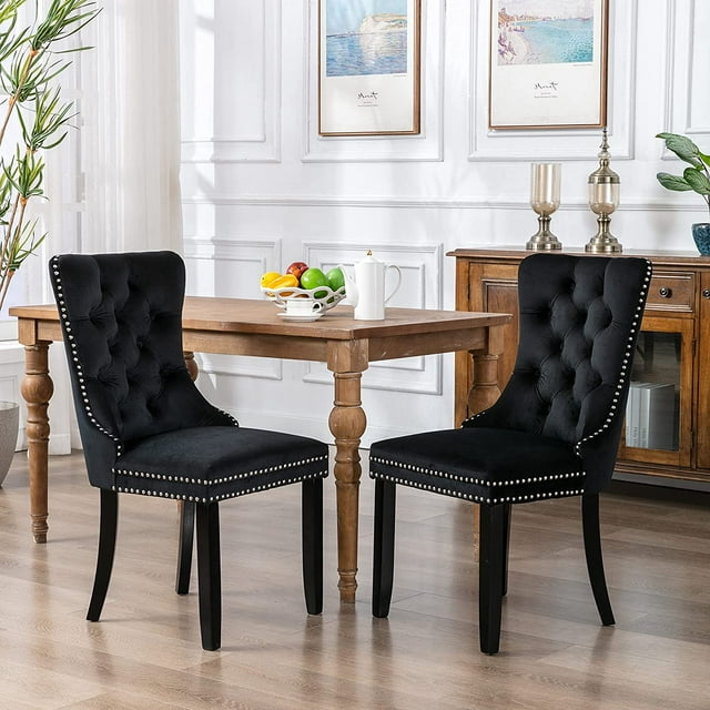 Set of 2 Dining Chairs, High End Velvet Upholstered Dining Chairs, Tufted Dining Chairs with Ring Back and Nailhead Trim-Black