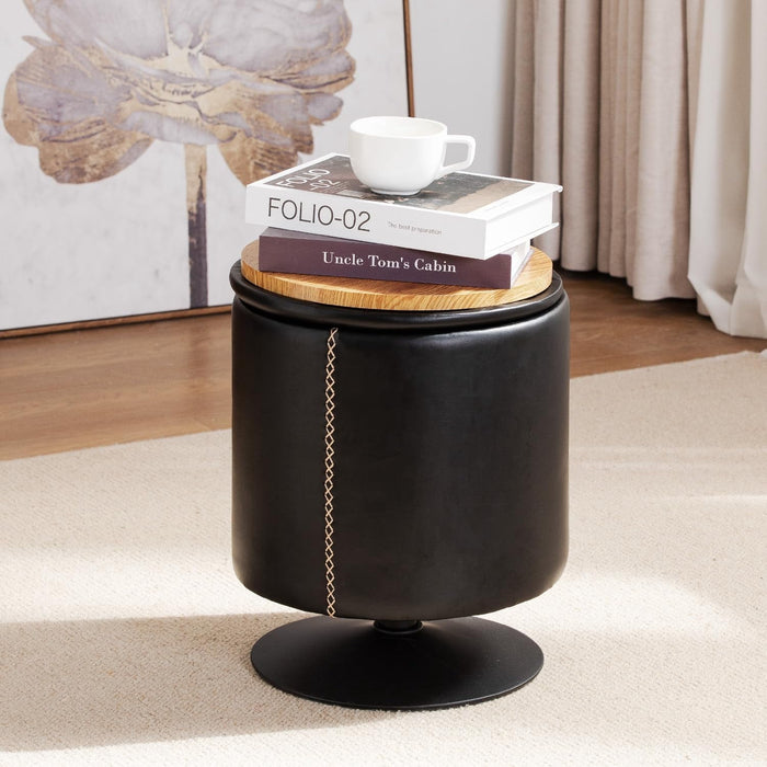 Blorly Storage Ottoman Ottoman, Faux Leather Round Ottoman/ Coffee Table with Metal Rotatable Chassis, Black