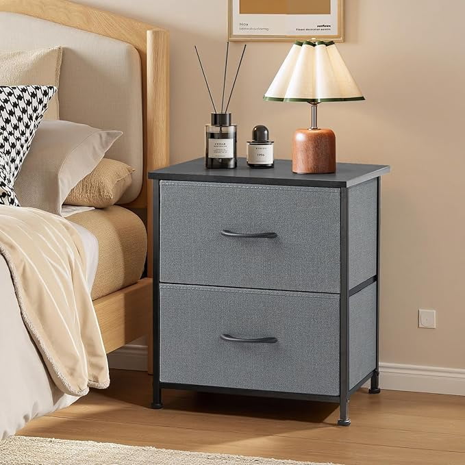 Ethovia 20" Height Bedside Nightstand with 2 Fabric Drawers, Compact End Table with Wooden Top for Bedroom, Dorm Room,Gray