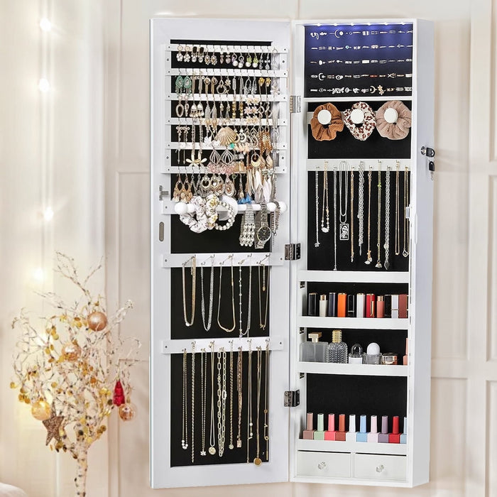 Simenmax Mirror Jewellery Cabinet Lockable Wall Mounted Jewelry Armoire Organizer with LED Light