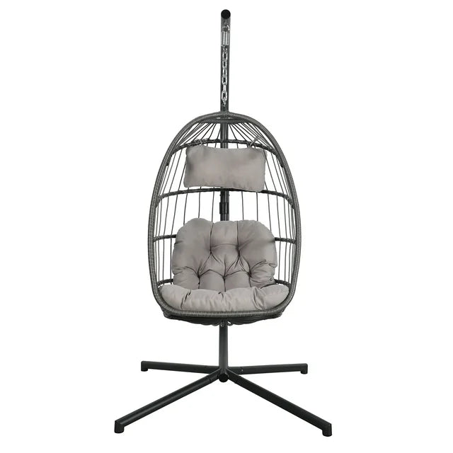 Foldable Hanging Wicker Egg Swing Chair and Weather Cover, Outdoor Patio Hanging Chairs with Stand, Wicker Rattan Basket with Cushion for Bedroom, Patio, Porch,Light Grey