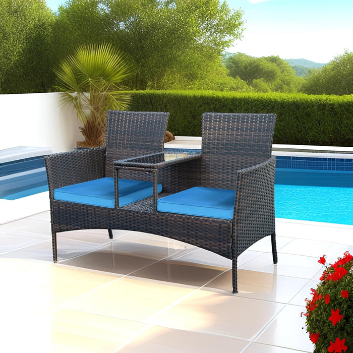 TINKLE WELL TINKLE WELL 2-Person Wicker Loveseat Outdoor Furniture Set with Built-In Table, Brown Blue