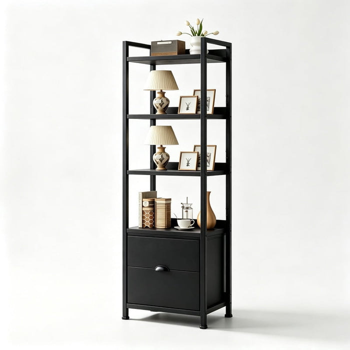 Taoset Display Bookcase, 5-Tier Modern Vertical Bookshelf with Drawer for Living Room, Black