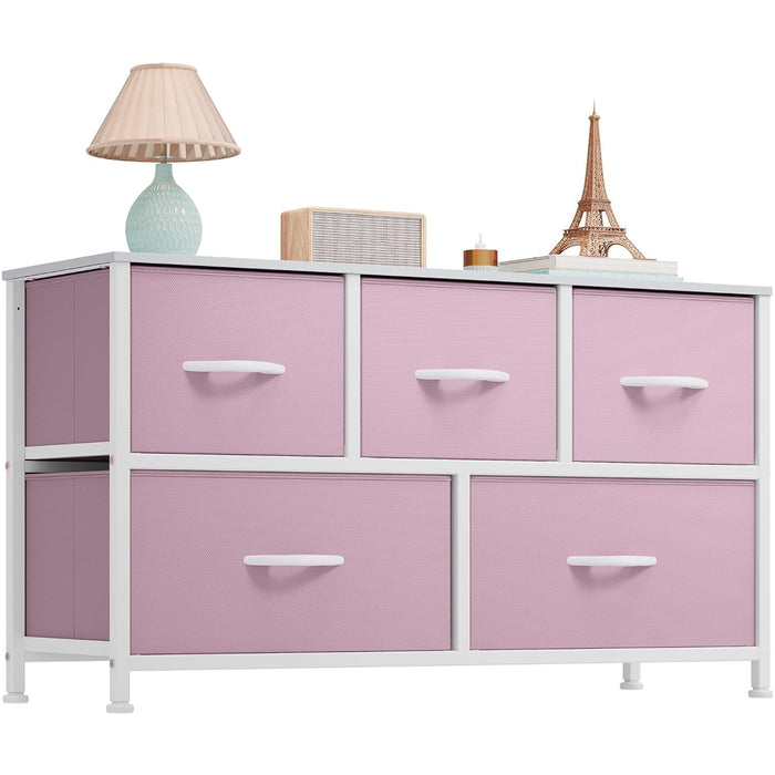 Betcozy Dresser, Storage Organizer with 5 Drawers for Bedroom, Chest of Drawers with Fabric Bins, Sturdy Metal Frame, Wood Tabletop for Guest Room, Closet, Entryway, Nursery, Pink