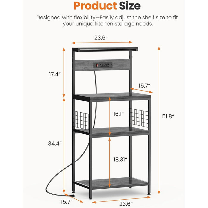 Beddle Kitchen Baker's Rack with Power Outlet, 23" Industrial 4-Tier Storage Shelf, Metal Frame with Gray Wood Shelves