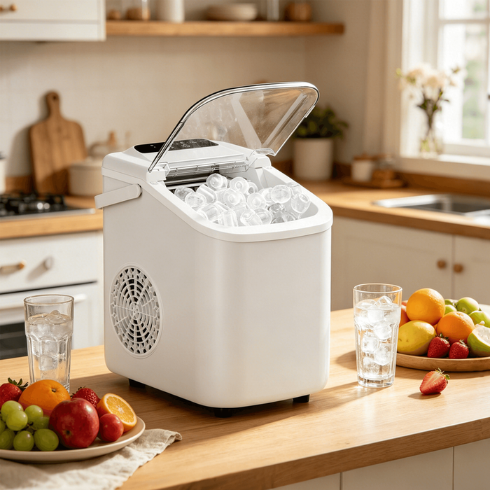 Blorly Portable Countertop Ice Maker with Handle, Self-Cleaning Bullet Ice Maker, 9 Ice Cubes Ready in 6 Minutes, 26lbs/24H, Eco-Friendly with Ice Scoop & Basket for Home, Office, Bar, Party, RV (White)
