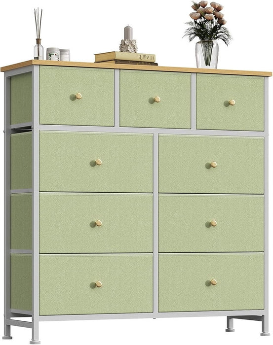 Simenmax 9 Drawers Dresser for Bedroom, Tall Fabric Closet Chests Organizer Tower Furniture with Wooden Top Metal Frame for Clothes, Room, Living Room, Hallway, Entryway,Light Green