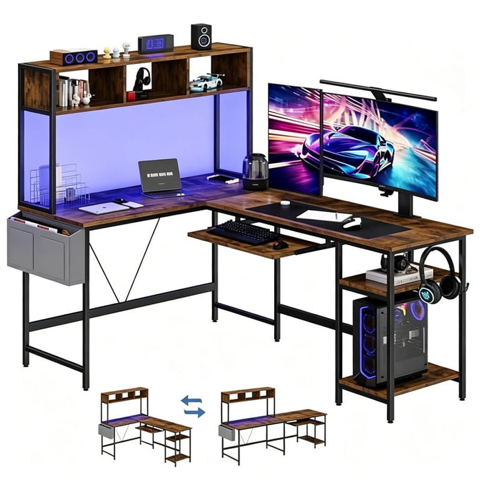 Taoset 67" Convertible L-Shaped Gaming Desk with RGB LED Hutch, Slide Keyboard Tray & Storage Shelves, Reversible 94.5" Straight Multi Monitor Computer Desk with Side Pocket Headset Hooks, Rust Brown