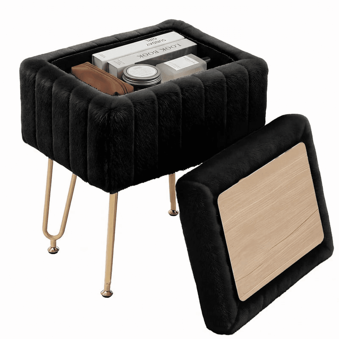 Blorly Vanity Storage Ottoma with Tray Top, Faux Fur Footrest Stool with Gold Hairpin Legs, Padded Vanity Seat for Living Room & Bedroom, Black