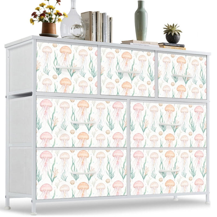 Taoset Coastal Beach House Kids Dresser - 7 Drawer Fabric Storage Chest with Jellyfish Pattern, Nautical Ocean Life Organizer for Nursery & Bedroom