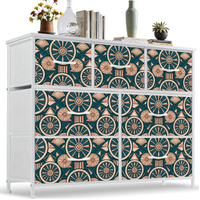 Betcozy 7 Drawers Fabric Dresser with White Metal Frame, Storage Tower for Bedroom, Baroque Botanical Blue Orange