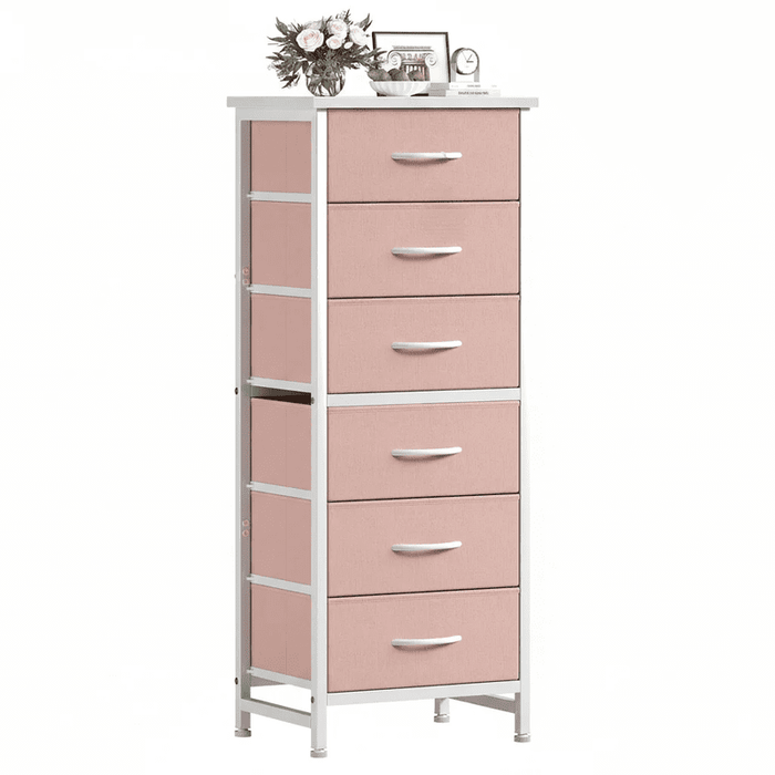 Bigleap 6-Drawer Slim Dresser, Fabric Storage Tower for Bedroom & Entryway, Sturdy Steel Frame & Wood Top for Small Spaces,Pink