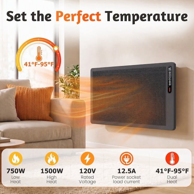 Betcozy 1500W Full-Mesh Convection Panel Space Heater with Remote, Wheels, Wall-Mount Option, Adjustable Thermostat, ECO Mode, Gray