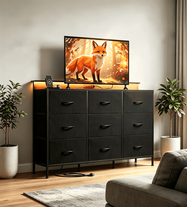 Betcozy 9 Drawer TV Stand with LED Lights & Power Outlet, 35" Tall Dresser for Bedroom & Living Room, Entertainment Center with Charging Station, 1.5mm Heavy-Duty Frame Storage Tower, Black